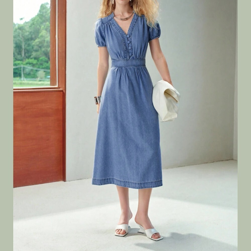 Blue Denim V Neck Button Front Short Puff Sleeve Midi Dress